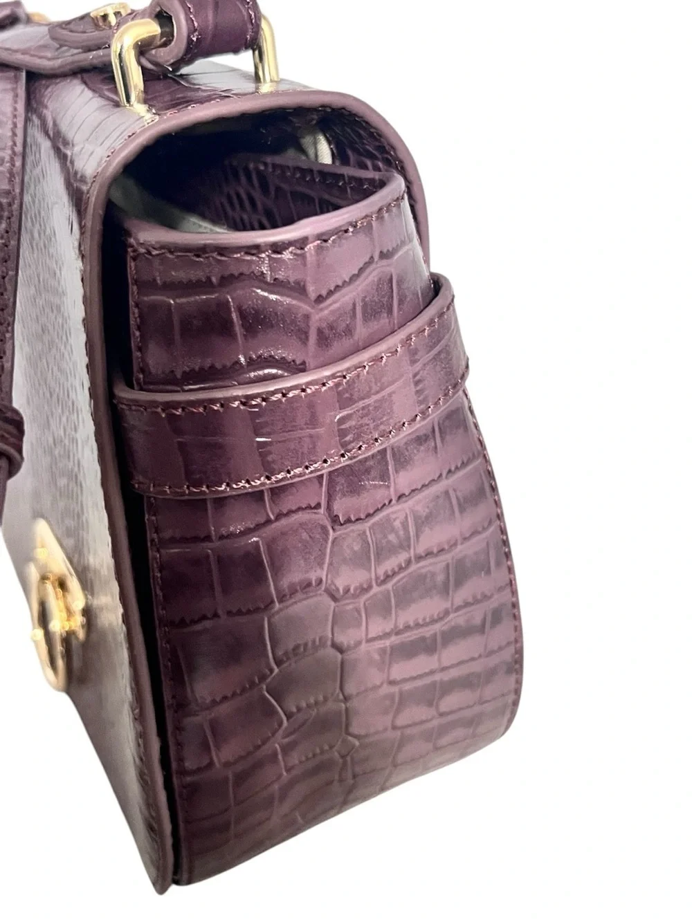 Croc-Embossed Crossbody Saddle Bag in Plum